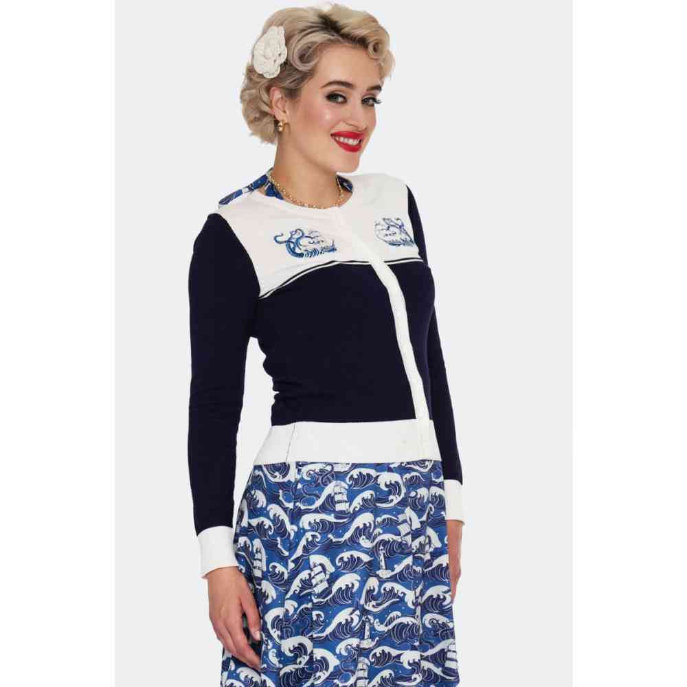 Voodoo Vixen - Pirate Ship Kraken Embroidery Cardigan - Donkerblauw